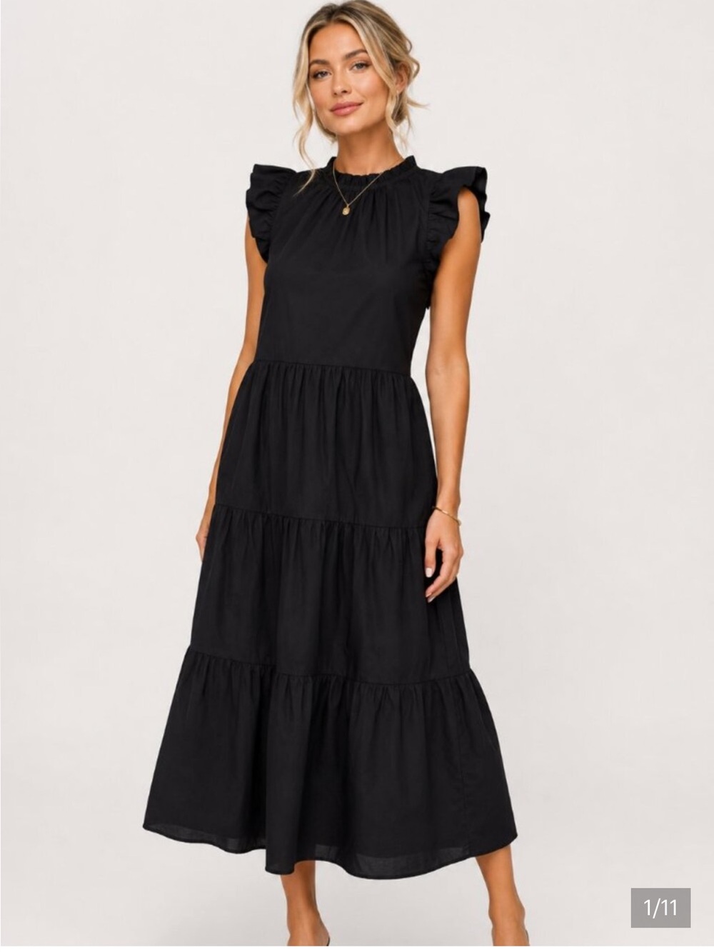 J. CREW  Black Tiered Ruffle Sleeve Cotton Poplin Midi Dress